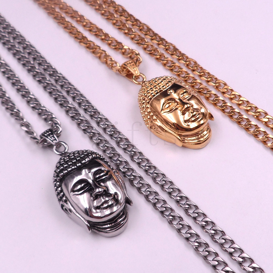 

Two-tone Stainless steel Buddha head charm curb chain Lucky talisman necklace