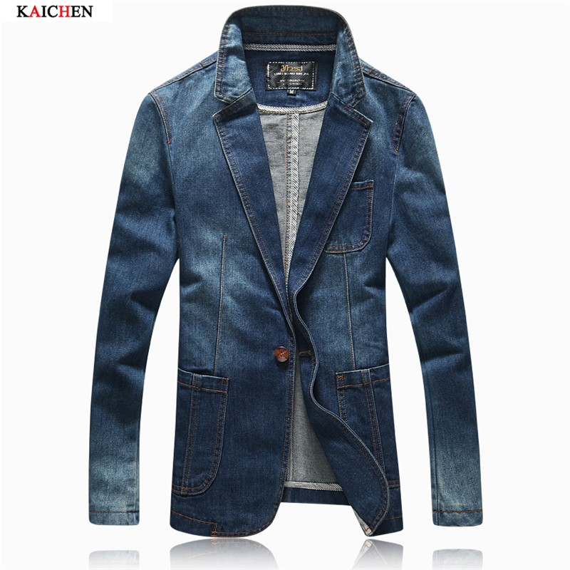 

Wholesale- Autumn Jacket Men 2016 Spring New Arrival Fashion Denim Blazer Men Korean Slim Fit Solid Mens Suit Outwear Coat Size -XXXL, Blue