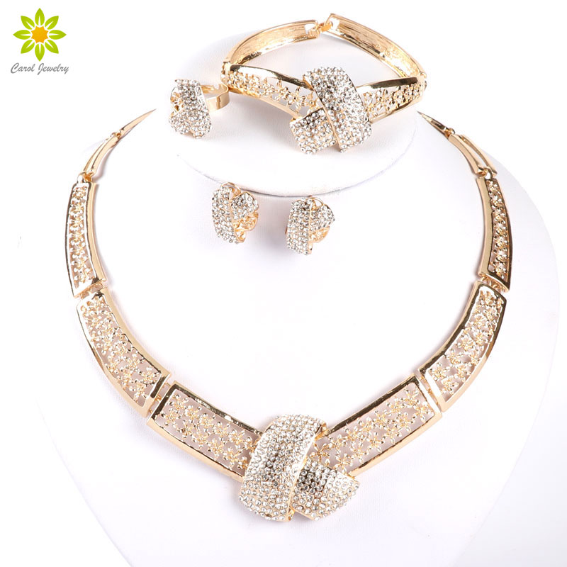 Costume africain plaqué or 18 carats collier en cristal Bracelet bague boucles d'oreilles mariage femmes accessoires de mariée Dubai perles afric