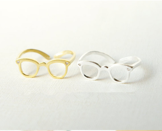 

Min 10pc Rose Gold plated Geek Jewelry Unusual Cute Glasses Rings Punk Cool Dainty Midi Ring Women Men Jewelry R3008