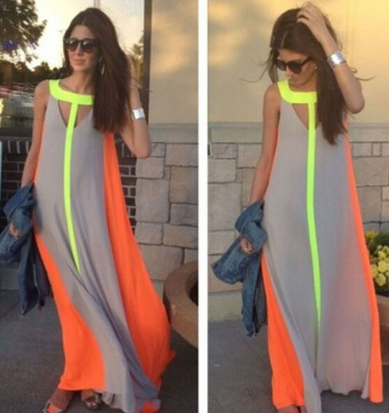 Femmes en gros V￪tements d'￩t￩ plage d￩contract￩e robe longue couleur contrat patchworks sans manches robes v￪tements