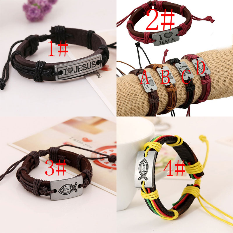 

4 styles Christian Religious Jewelry I Love Jesus Alloy Leather Rope Handmade Charm Bracelets Valentine's Day Gift