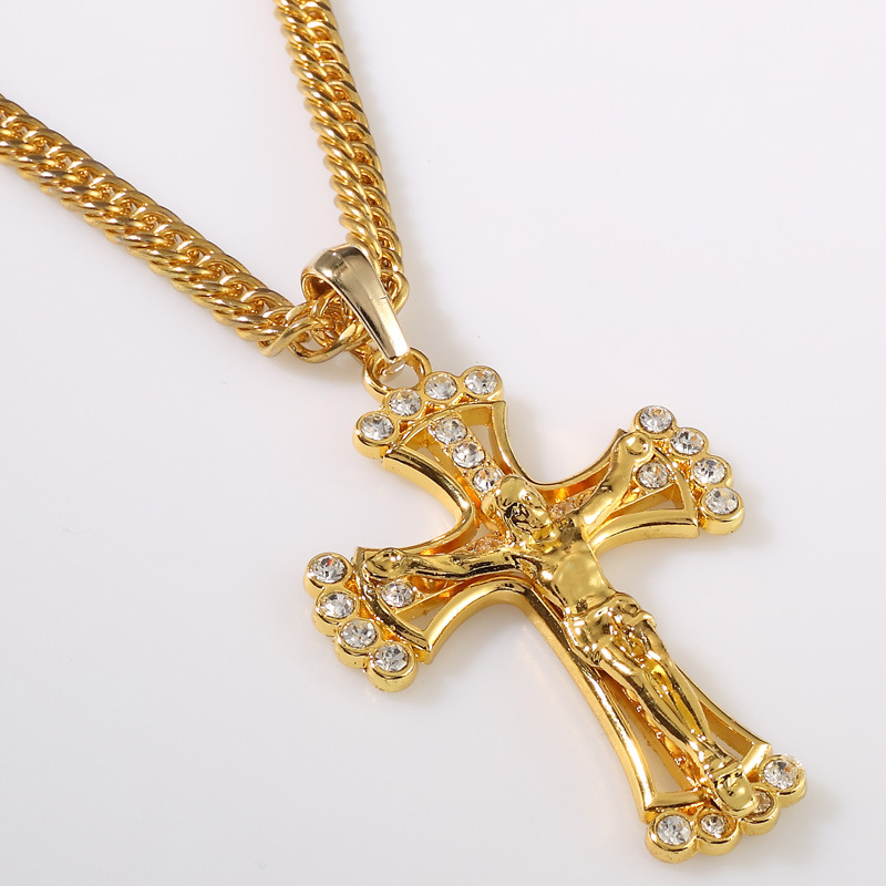 

High quality 24K Gold Plated Jesus Cross Suffer Iced Out Pendant Necklace Hip hop Rapper Crucifixio Pendant Cuban Chain Necklace Jewelry