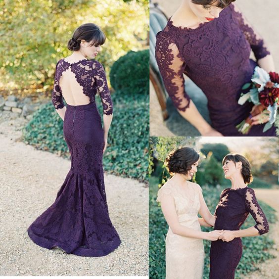 

Dark Purple Mermaid Mother Of The Bride Dresses Jewel Neck Half Sleeves Backless Lace Evening Gowns Mother Prom Dresses Formal Gowns