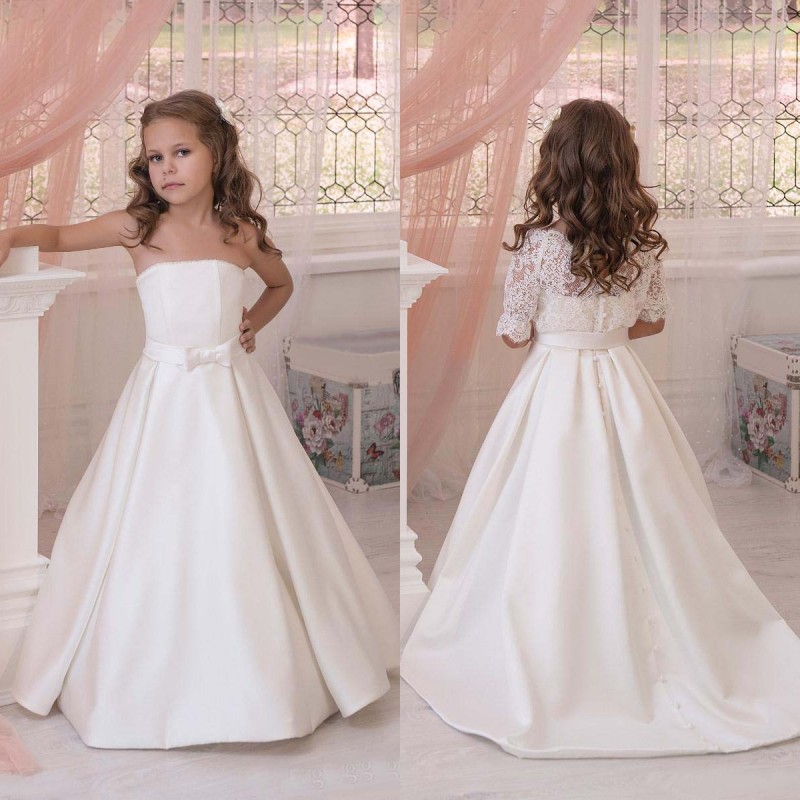 

Latest 2019 Formal Flower Girl Dresses For Wedding with Half Sleeves Lace Jacket Strapless A Line Ivory Satin Children Dresses with Bow Sash, Black
