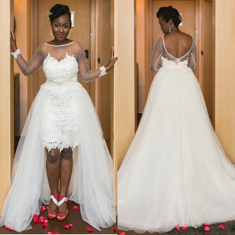 

Plus Size Sheer Neck Wedding Dresses African White Detachable train Robe de Marigae Long Sleeve Custom made Bridal Gowns 2016, Custom made color
