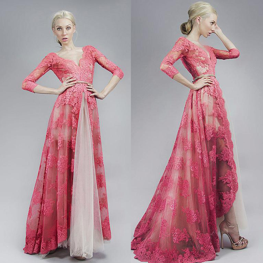 

V-neck Neckline Illusion Floor-length A-line Evening Dresses With Lace Appliques 3/4 Sleeves Coral Lace Prom Dress vestidos de fiesta cortos, Gold