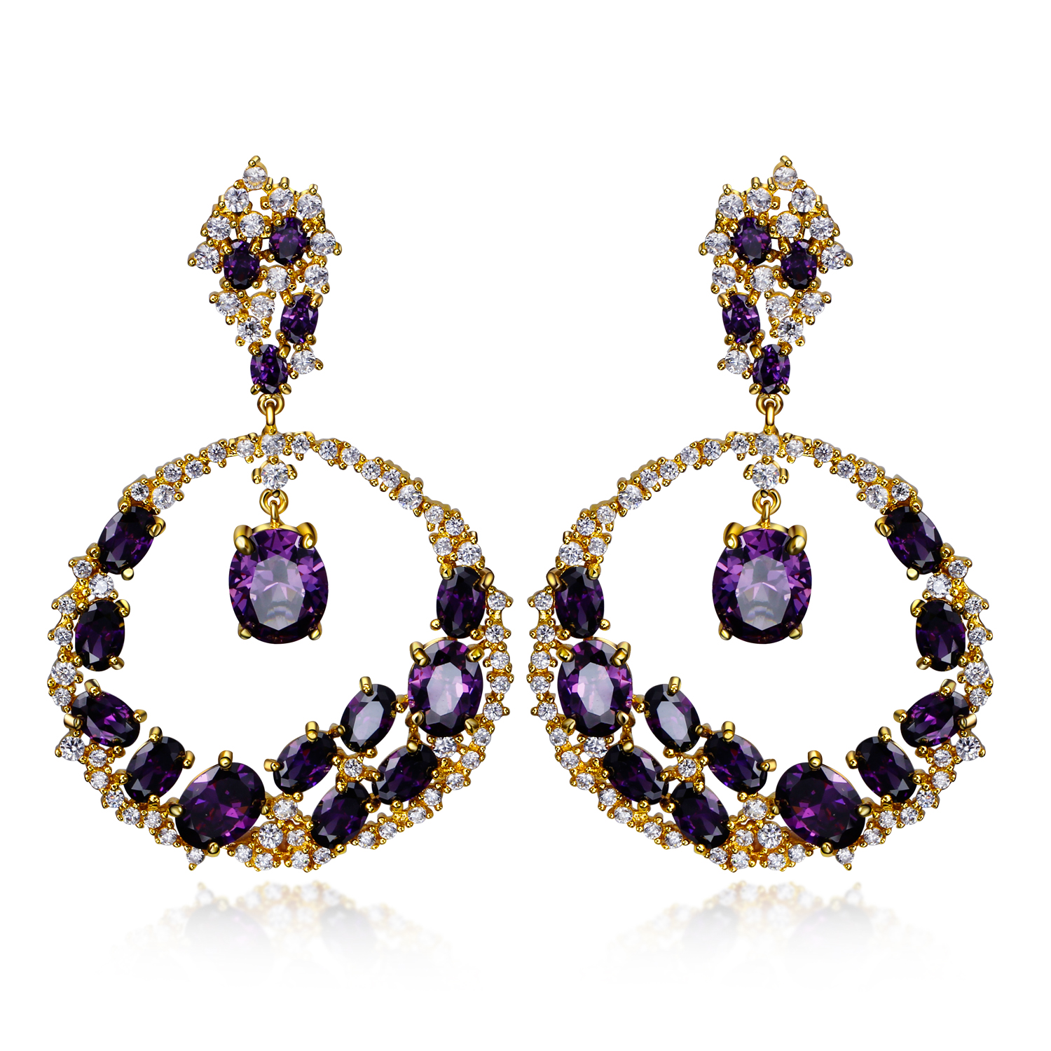 Very Nice Workmanship Jewelry Supplier! Gold plate With 4 Colors Cubic Zirconia, Big Round Dangle Pendant Attractive Earrings-image-385844292