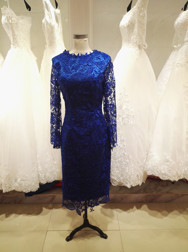 

Elegant Royal Blue Lace Mother of the Bride Dresses Tea Length Long Sleeves Mother of the Bride Dresses Fall Winter Pale Pink,Green