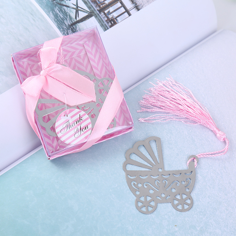 

Baby Carriage Stroller Metal Bookmark With Tassel Birthday Gift Party Wedding Baby Shower Favors Blue Pink, Silver