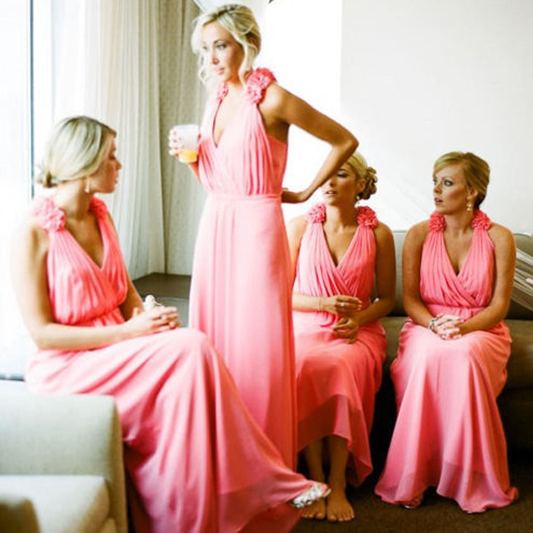 

Sexy Beach Wedding Bridesmaid Dress Pink Chiffon Long Formal Maid of Honor Gowns Deep V Neck Handmade Flowers Custom Made High Quality