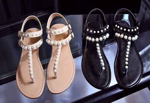 

high quality! U572 GENUINE LEATHER PEARL T STRAP FLAT SANDALS C black beige casual beach fashion women, Black/ask size first