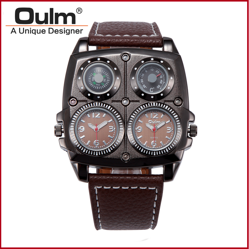 

New Arrival Mens OULM 1140 Top Brand Watches High Quality Leather Double Japan Movt Quartz Rectangular Military Watch Black, Slivery;brown