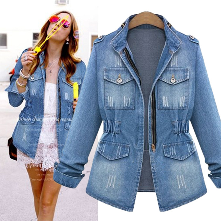 

Wholesale- 2015 Autumn New Women Pockets Zipper Tunic Denim Jackets Casual Jeans Wear 9137, Blue