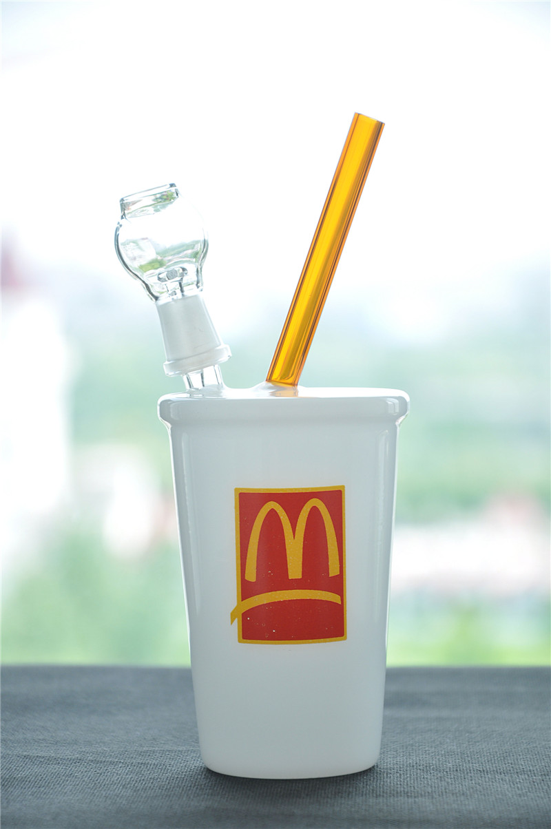 

White Cermic McDonald's Drink Cup Glass Bongs With Domeless And Glass Nail 14 mm Male Joint Recycler Oil rigs Bongs Glass Pipes Hookahs