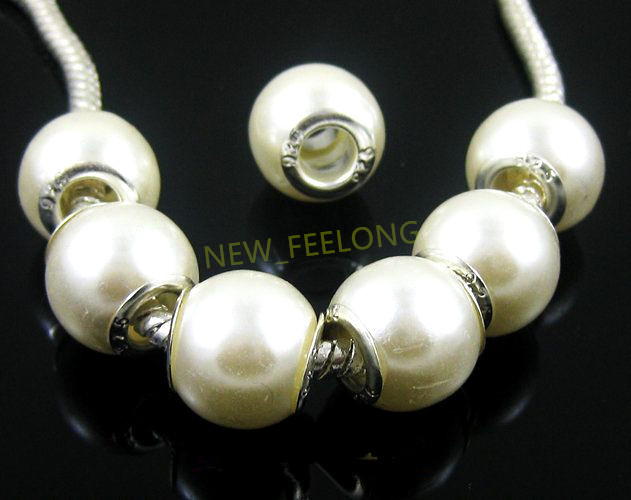

100PCS/Lot Beautiful White Color Imitation Pearl Silver core European Big Hole Acrylic Beads for Jewelry Making Low Price, Black