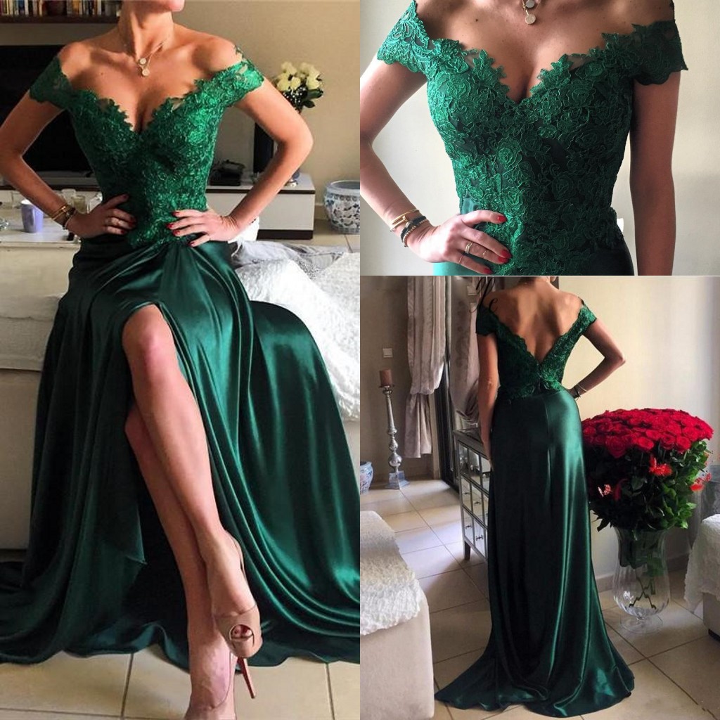 

2017 Elegant Vestido De Festa Dark Green A Line Prom Dresses Off The Shpoulder Elastic Satin Appliques Front Split Formal Evening Gowns, Light purple