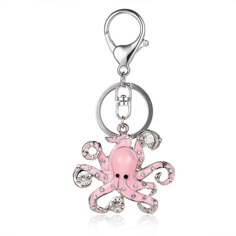 

Fashion Silver Color Metal Lobster Clasp Keyring Dangle Rhinestone Enamel Octopus Animal Charm Keychains For Men Jewelry
