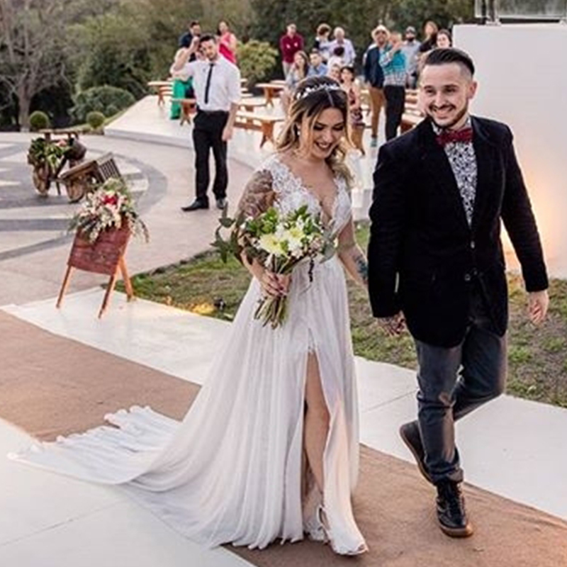 

Lace A-Line Chiffon Summer Beach Wedding Dresses Tank Illusion Sheer V Front Sexy Bridal Wedding Gown Leg Slit Bride Dresses, Champagne