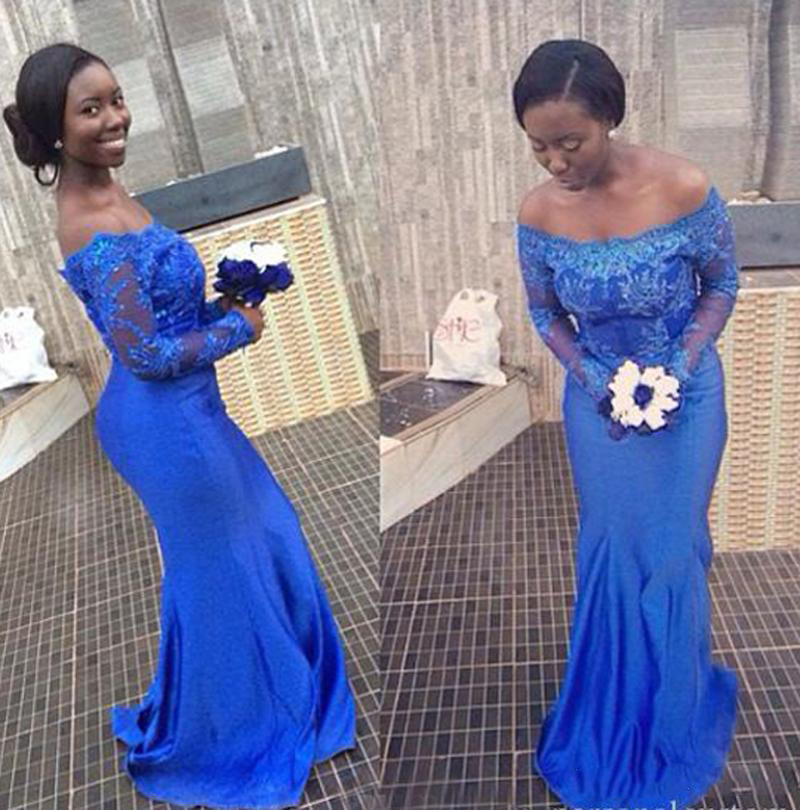 

African 2017 Royal Blue Lace Off Shoulder Mermaid Bridesmaid Dresses Long Sleeve Maid Of Honor Gowns Wedding Guest Formal Dresses