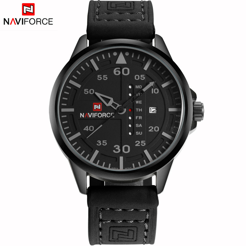 

NAVIFORCE Original Good quality Men's Analog Quartz Waterproof Sport Leather Band Date Week Wrist watch 9074, Color