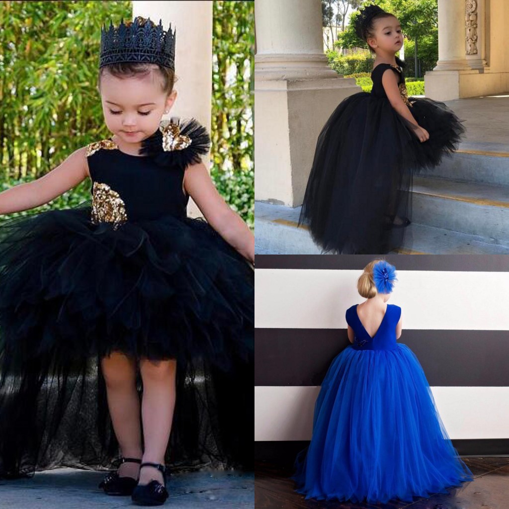 

Cute Black Hi Lo Girls Pageant Dresses with Sequin Appliques Fluffy Skirts First Communion Gowns Custom Made Ball Gown Flower Girls Dresses, Hunter