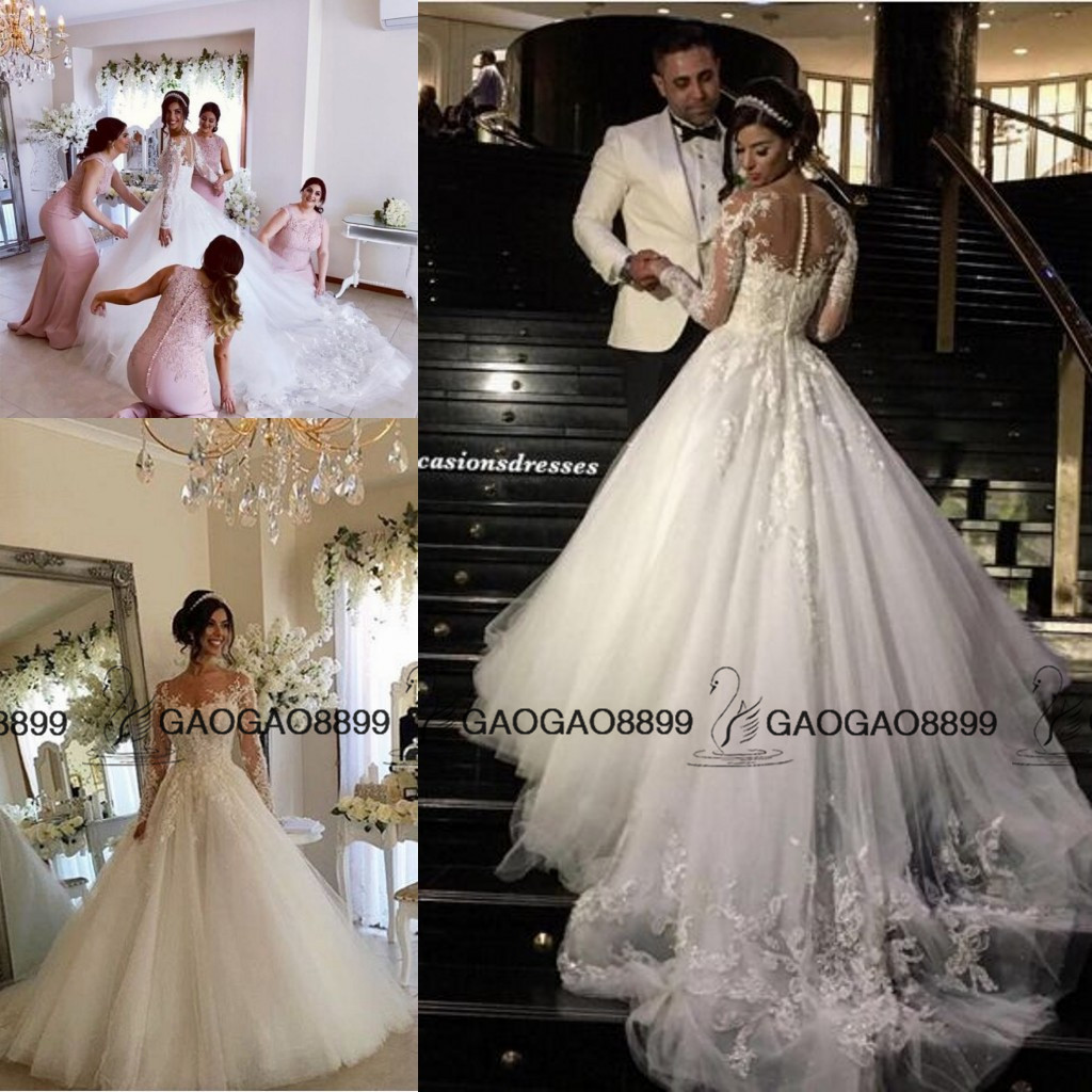 

Steven Khalil 2019 Princess Butterfly Long Sleeve Wedding Dresses Sheer Lace Neck Middle East Arabic Plus Size Garden Wedding Bridal Gowns, Ivory