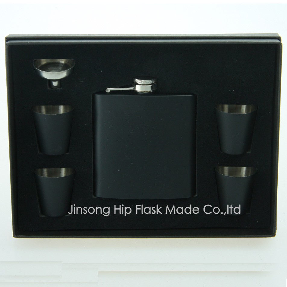 

6OZ black flask with 4 pcs 25 ml shot glass and funnel set, foam inner and Black gift box ,Your Personalized Logo is also available