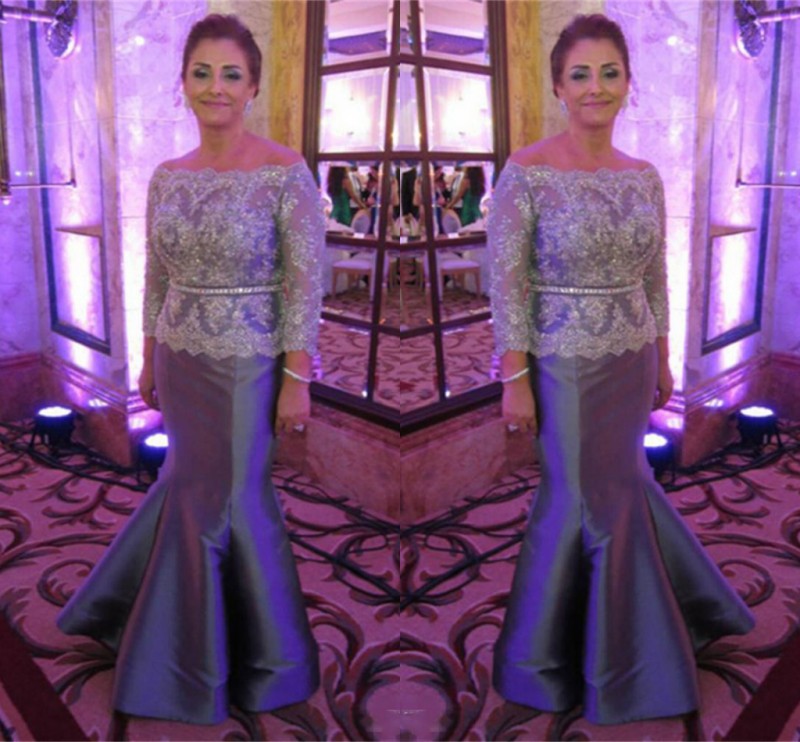 

Elegant Gray Plus Size Mother Of Bride Dresses 2017 Lace Applique Long Sleeve Satin Mermaid Mother Prom Party Gowns Women Evening Dresses