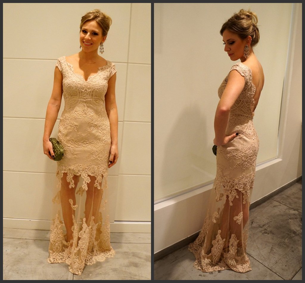 

New Arrival V-Neck Cap Sleeves Sheath Evening Dresses Floor Length Lace Appliques Open Back Celebrity Evening Gown2016 Prom Dress, Gray