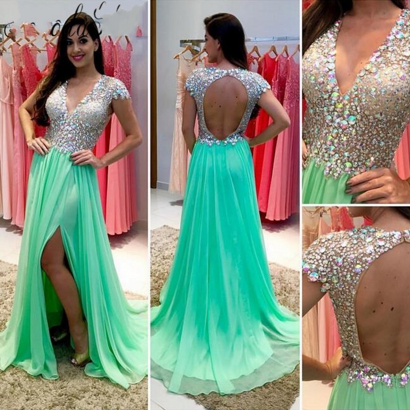 

Mint Green Glitzing Crystal Beaded Prom Dresses V neck Side Split A Line Chiffon Luxury Long Formal party Evening Gowns, Red
