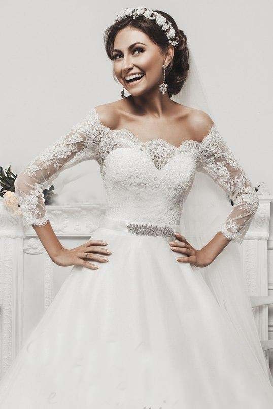 

Royal Lace A Line Wedding Dresses With Sash Button 3/4 Sleeve Elegant Bridal Gowns Off Shoulder Beaded Court Train Vestido De Noiva, White