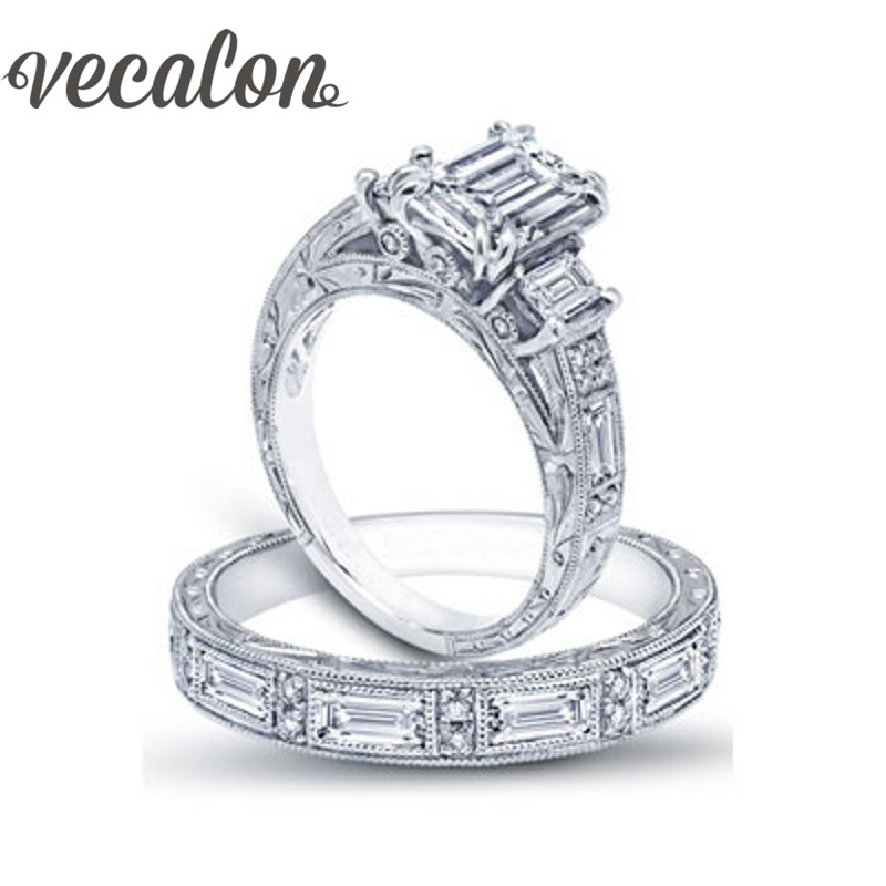

Vecalon Vintage Luxury Jewelry Women ring Princess cut Simulated diamond Cz 925 Sterling Silver wedding Band ring Set for women