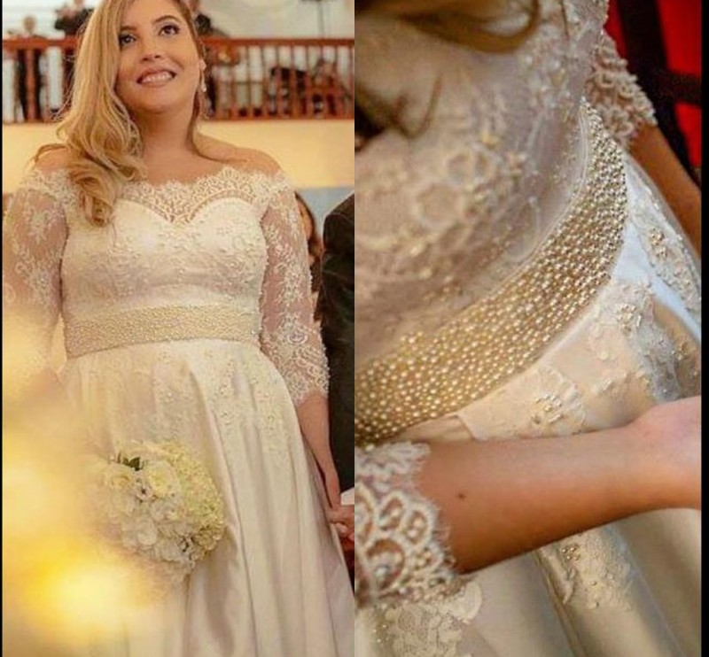 

Pearls Beaded Lace Off Shoulder Wedding Dresses Half Long Sleeve A LINE Bridal Gowns Floor Length Wedding Vestidos Custom Made, Red