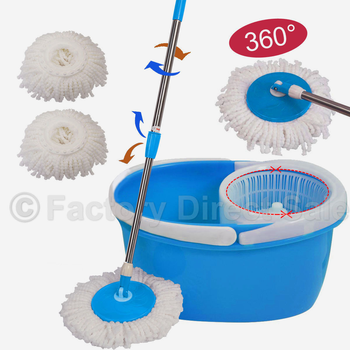 

360Â° Rotating Head Easy Magic Floor Mop Bucket 2 Head Microfiber Spinning Blue