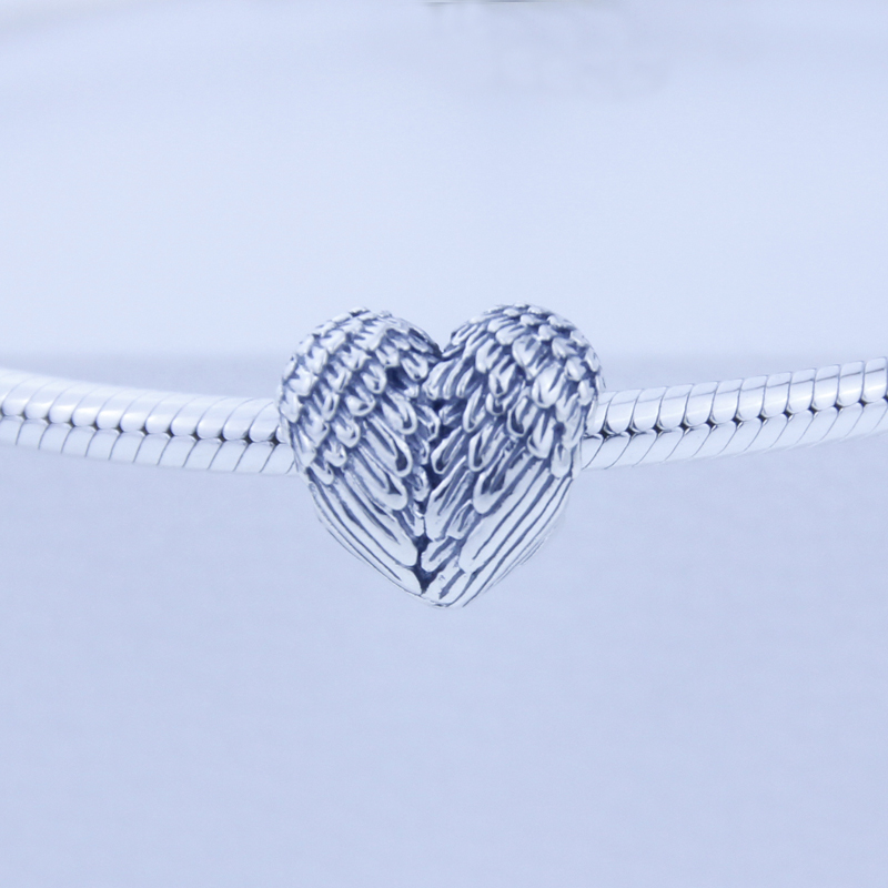

beads Heart charm in sterling silver with angel wing details 100% 925 sterling silver beads Fits for Pandora Jewelry Bracelets & Necklace, Black