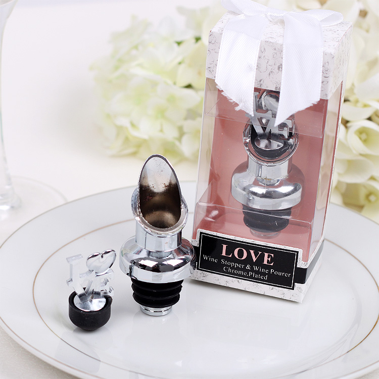 

10pcs LOVE Chrome Pourer Bottle Stopper with Gift Box Bridal Shower Wedding Favors Wine Party Christmas Gift, Silver
