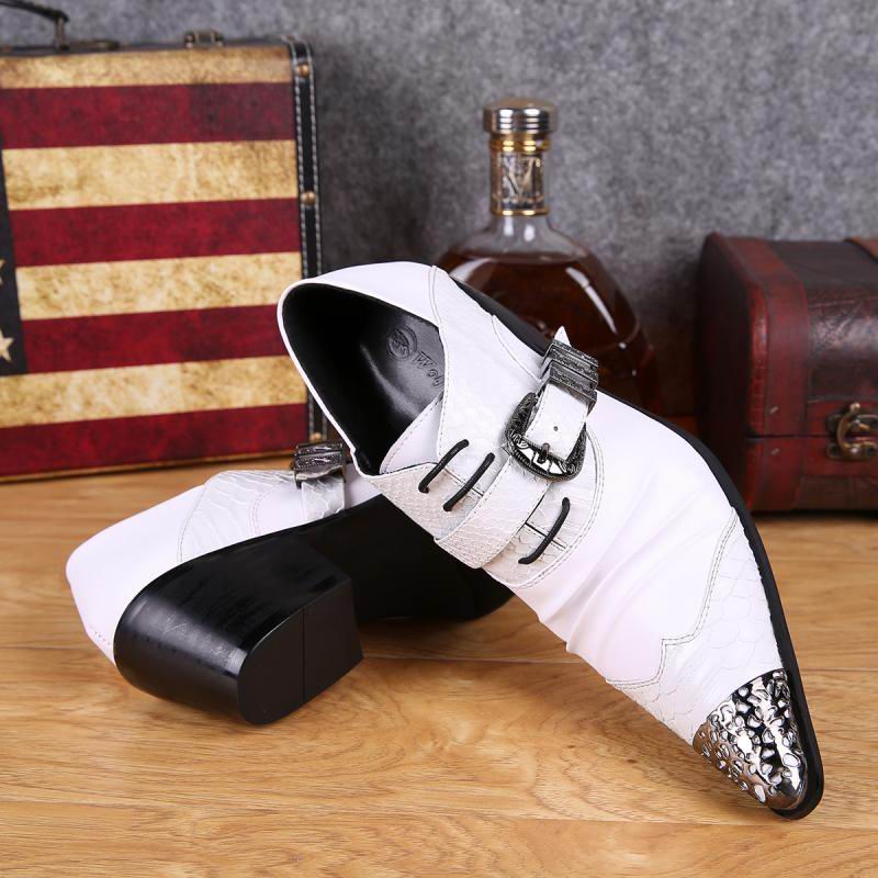 

sPointed Toe Increased Men's Leather Shoes Fashion White Dres Shoes Buckle Metal Charm Party Shoes For Wedding Trend Shoes Man