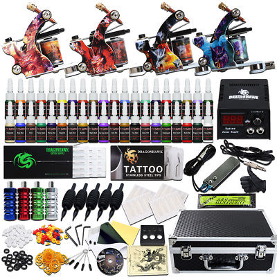 Beginner Tattoo Kit 4 Machine Guns Power Supply Set Grips 40 color Ink Needles Tubes Case-image-403845565