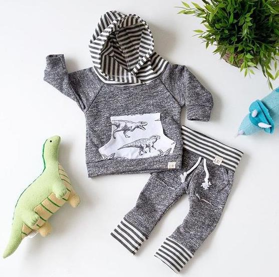 

Ins Infant Baby Set Boys Diasosaur Outfits Kids Stripe Hooded Tops Sweatshirt + Pants 2pcs Children Cotton Clothing Suit 13532, Gray