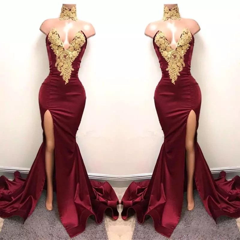

2017 New Sexy African Burgundy Prom Dresses Evening Wear Mermaid Gold Lace Appliqued Front Split 2K18 Elegant Formal Evening Party Gowns, Brown