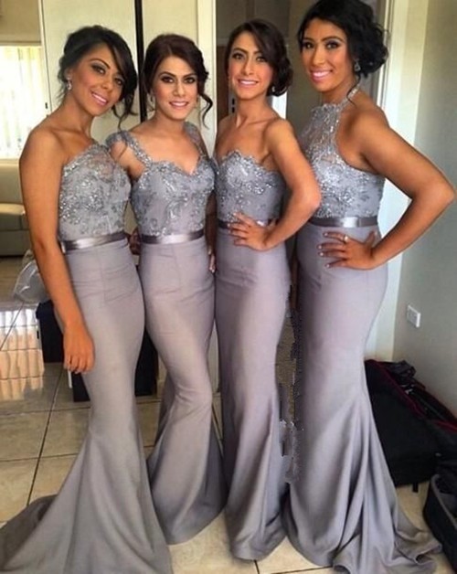 

Silver Grey Mermaid Long Bridesmaid Dresses with Applique Lace Ribbon One-Shoulder Vestidos Lady wear Wedding Formal Party Gowns 2016