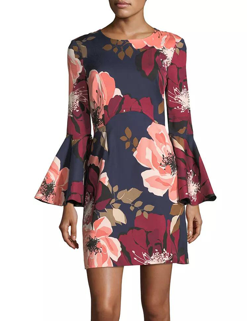 

Flower Print Women Sheath Dress Flare Sleeve Casual Dresses 10K581, As pictures