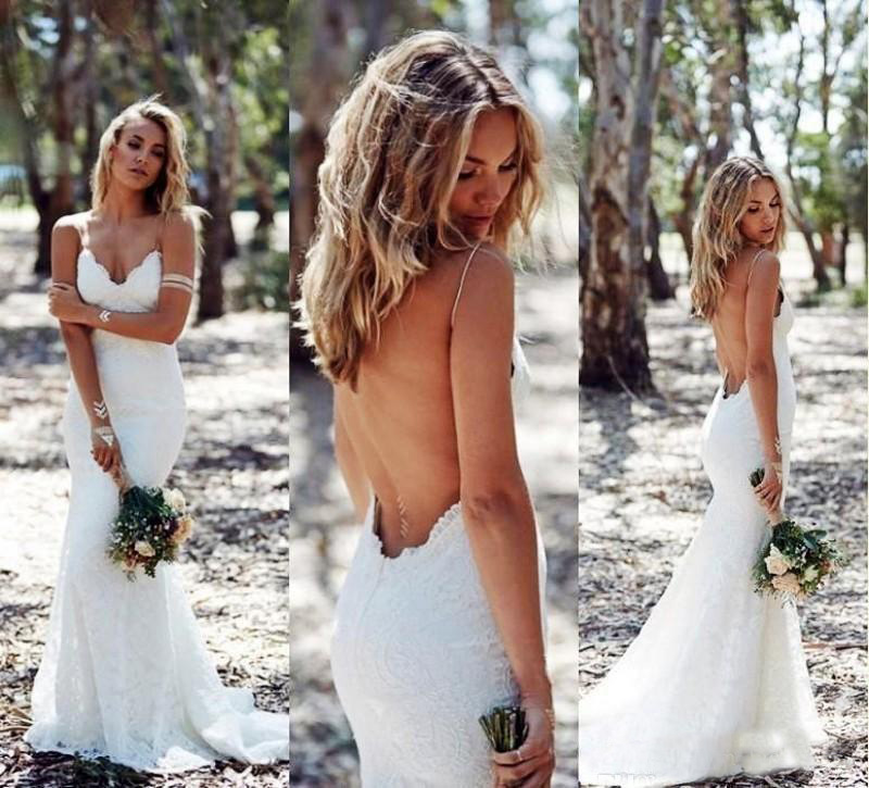 

Sexy Backless Mermaid Full Lace Wedding Dresses Cheap Spaghetti Strap Backless Boho White/Ivory Bridal Gowns, Champagne