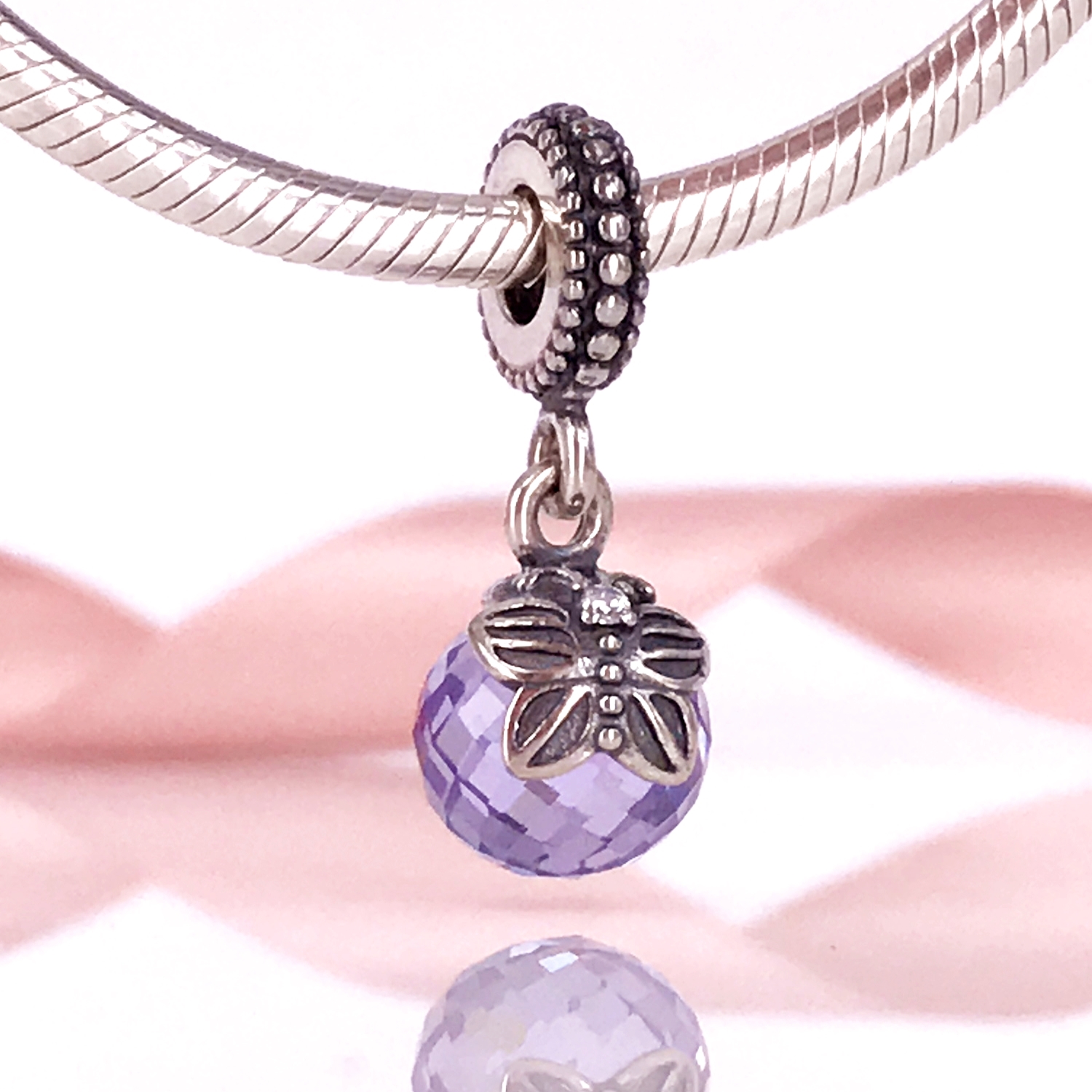 Authentic 925 Sterling Silver Faceted Silver Dangle With Purple Cubic Zirconia And Butterfly Detail Charm Fit DIY Pandora Bracelet 791258ACZ