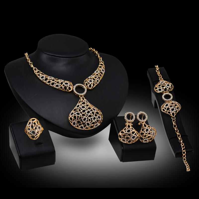 Rings Necklaces Braceleets Rings Jewelry Sets Luxury Rhinestone 18K Gold Plated Geometric Water Drop Style Wedding Jewelry 4-piece Set JS051
