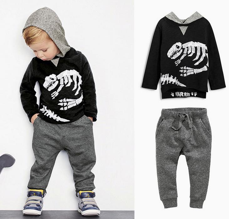 

Spring Autumn Boys Set Baby Kids Sets Dinosaur Skull Hooded Long Sleeve Tops Sweatshirt + Pants 2pcs Tracksuit Children Outfits 11439, As the picture