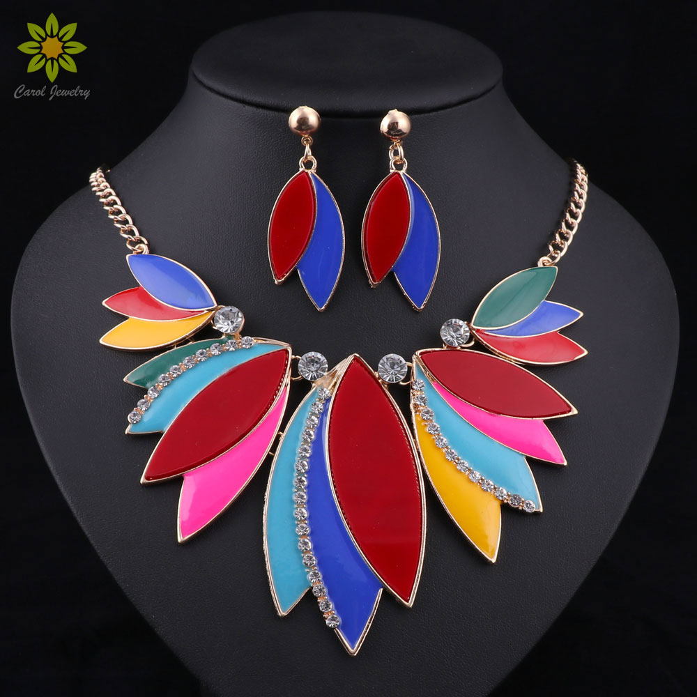 

Women Wedding Necklaces Earrings Sets Vintage Rhinestone Crystal Choker Enamel Necklaces & Pendants Ethnic Maxi Jewelry Sets, Gold