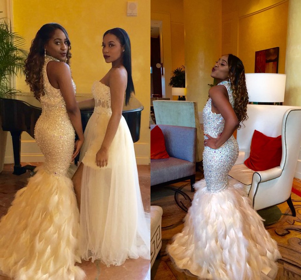 Luxury Black Girl Prom High Neck Sleeveless Heavy Beaded Sparkling Mermaid Feather Skirt Evening Dresses Wear Formal Cocktail Party Dress-image-379809008