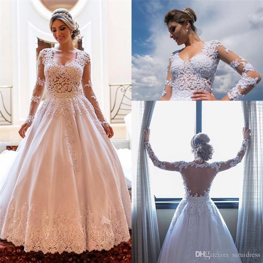 

New Arrival Scoop Neckline Illusion Bodices Bridal Gowns Sexy Back Wedding Gowns Vintage Sheer Long Sleeves Full Lace Wedding Dresses, Champagne